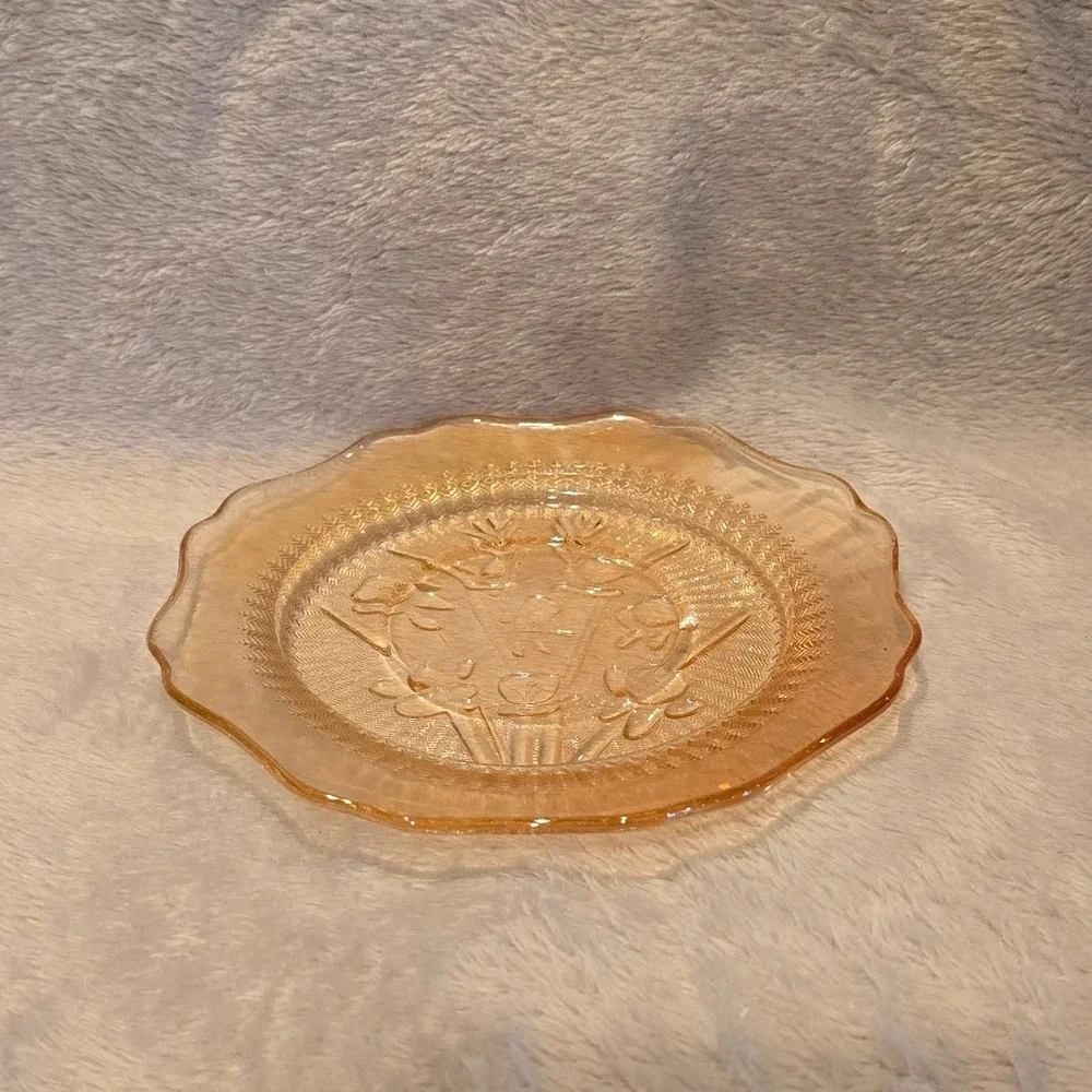 Vtg Jeannette Glass Iris and Herringbone Peach Luster Depression Glass Plate 9in